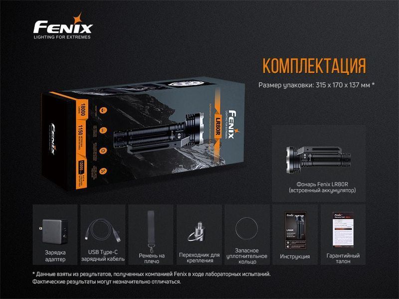 Пошуковий ручний ліхтар Fenix LR80R 18000лм Type-C (Чорний) 703354 фото