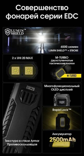 Мини фонарь Nitecore EDC29 USB-C OLED дисплей 6500лм 400м (7 режимов) 712645 фото