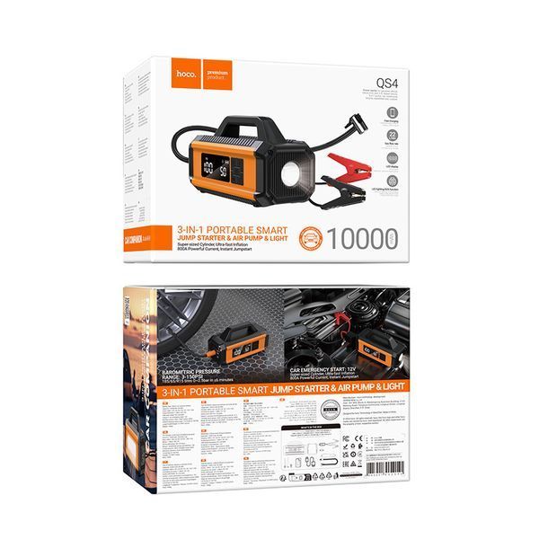 Пускозарядное устройство/бустер для авто 10000mAh с компрессором HOCO QS4 Черно-оранжевый 12960 фото