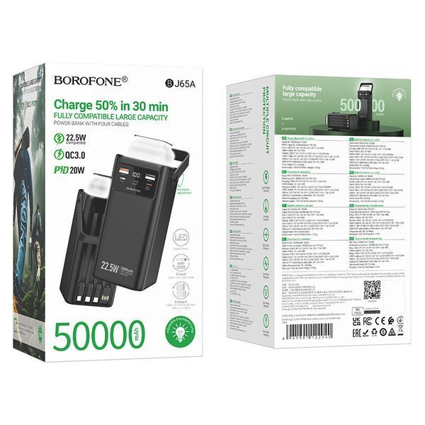 Павербанк 50000mAh с быстрой зарядкой 22.5W, встроенными кабелями и фонарем BOROFONE BJ65A Черный 14194 фото
