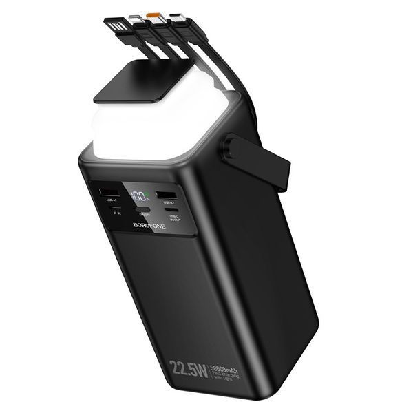 Павербанк 50000mAh с быстрой зарядкой 22.5W, встроенными кабелями и фонарем BOROFONE BJ65A Черный 14194 фото