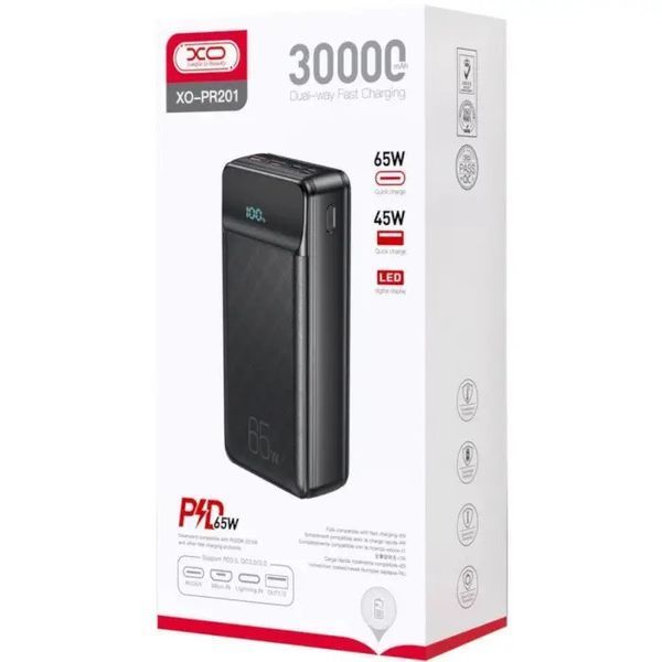 Павербанк із швидкою зарядкою 65W 30000mAh XO PR201 |2USB/1Type-C| Чорний 11854 фото